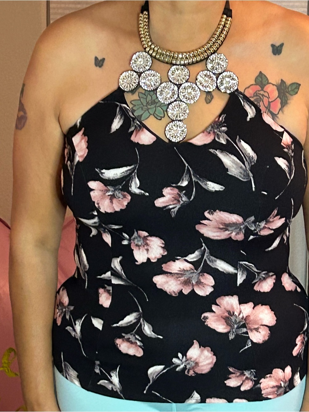 One-Shoulder Black Floral Shirt with Pink Blooms